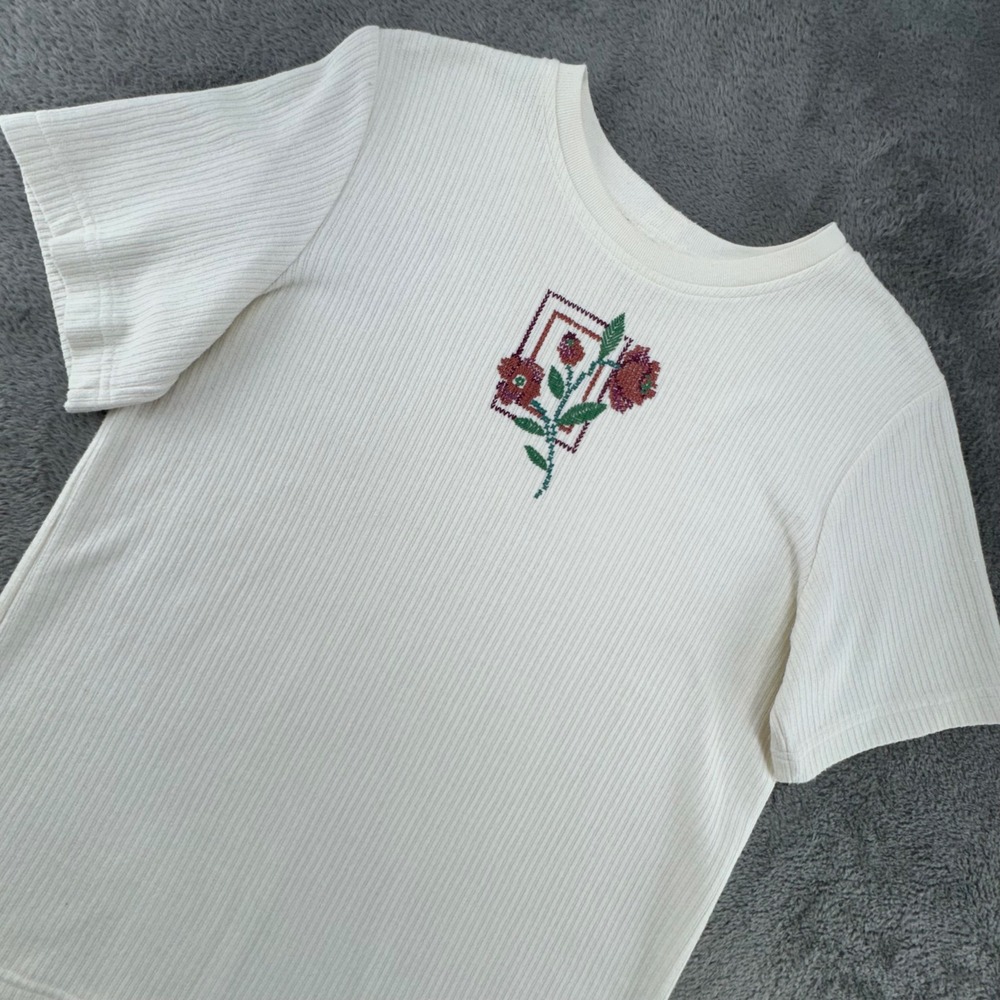 Graff Californiawear Womens Ribbed Knit T Shirt Embroidered Flowers White Size M